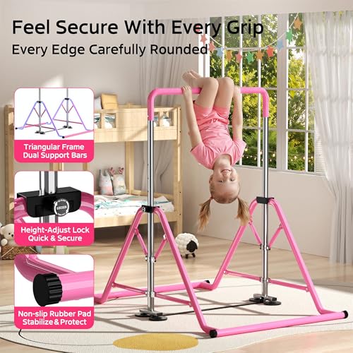 Expandable Kids Gymnastics Kip Bar - Upgraded Dual Base, Folding Adjustable Height 44''-60'', 350LBS Weight Limit, Anti-Slip Suction Feet, Home Training Bar for Kids Ages 3-13 (Pink)