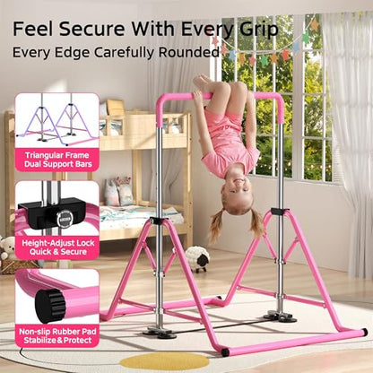 Expandable Kids Gymnastics Kip Bar - Upgraded Dual Base, Folding Adjustable Height 44''-60'', 350LBS Weight Limit, Anti-Slip Suction Feet, Home Training Bar for Kids Ages 3-13 (Pink)