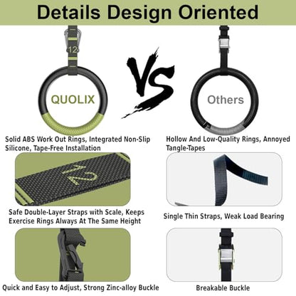 QUOLIX Gymnastic Rings with Adjustable Straps, Non-Slip Pull Up Rings with Straps, 1300lbs Exercise Rings with Straps for Home, Gymnastics Rings for Home Gym, Workout, Exercise, Training, Calisthenic
