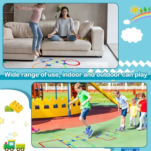 2 Sets of Hopscotch Outdoor Squares 20 Pcs Hopscotch Ring Game with 30 Pcs Connectors Outdoor Indoor Obstacle Course for Kids Playground Agility Training(Hoop, Square) - style: Hoop, Square