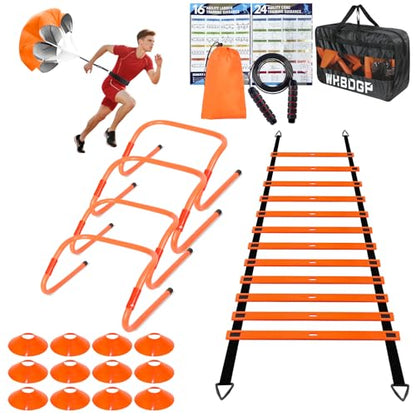 Agility Ladder Speed Training Equipment Set-20ft Agility Ladder,12 Soccer Cones,4 Hurdles,Jump Rope,Running Resistance,Soccer Football Training Equipment with Carrying Bag for Kids Adults - color: Orange