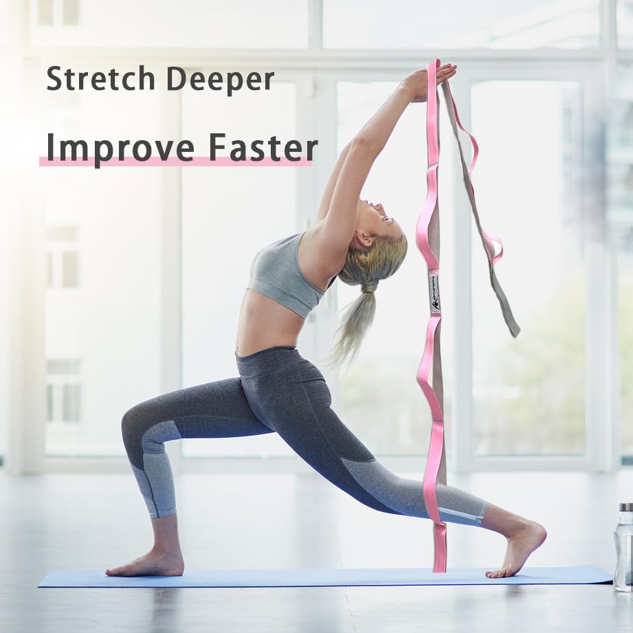Stretching Strap Yoga Strap with Loops, Stretch Straps for Physical Therapy, Non-Elastic Exercise Strap for Pilates, Dance and Gymnastics with Workout Guide - color: Black+Pink/Light Gray