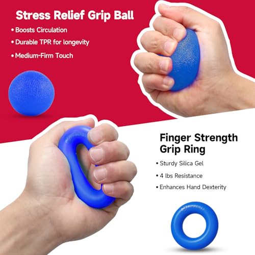 FitBeast Hand Grip Strengthener Workout Kit (5 Pack), 2 Forearm Grip Adjustable Resistance Hand Gripper, Finger Stretcher, Grip Ring & Stress Relief Grip Ball for Athletes - color: Dark Blue