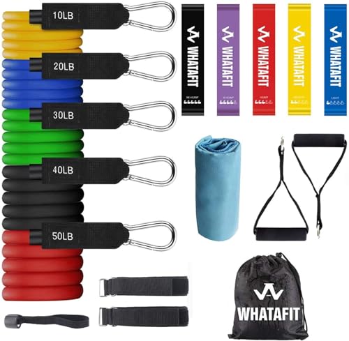 WHATAFIT Resistance Bands, Exercise Bands, Workout Bands with Handles, Door Anchor and Ankle Straps, 5 Resistance Levels Fitness Bands for Strength Training, Physical Therapy, and Home Gym Equipment - color: Assorted