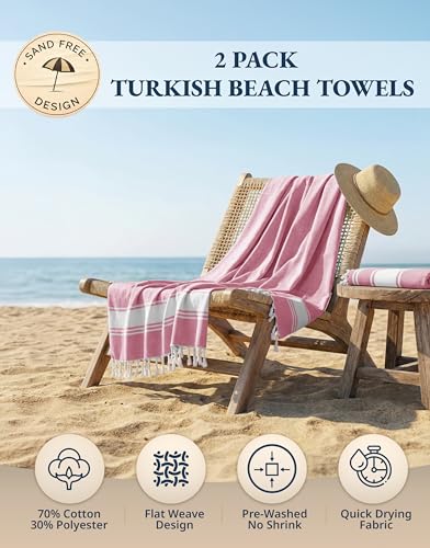 LANE LINEN Turkish Beach Towels, Soft Absorbent, Travel Towel - Candy Pink - color: 11: Candy Pink, size: Pack of 2