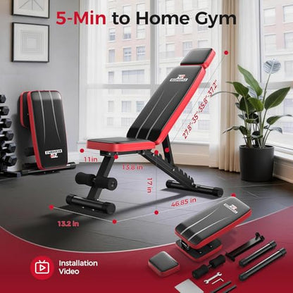 Adjustable Weight Bench up to 6.5'', Dual-Support Workout Bench & 10 Backrests for Chest Shoulders Arms for Home Gym, 660LBS Capacity but Compact and Foldable Strength Bench Apartment Room