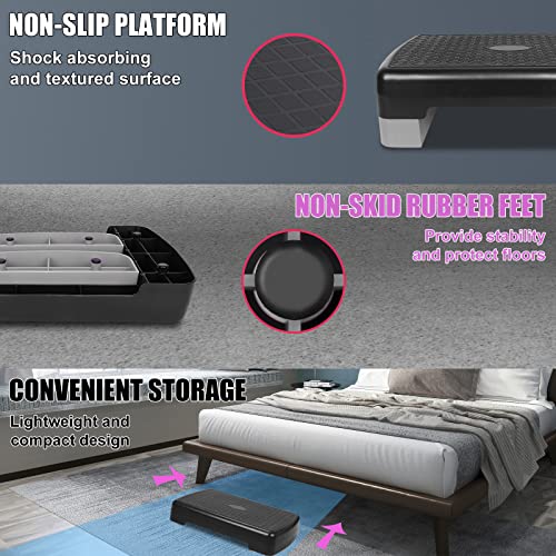 Height-Adjustable 4"-6" Step Aerobics Platform Fitness Equipment Stepper Trainer Exercise Step Platform with 2 Riser