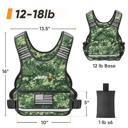 Adjustable Weighted Vest, 4-10lb/12-18lb/20-32lb Vest with 6 Ironsand Weights and Large Pocket, Weight Vest for Men Women Strength Training, Running, Walking - color: Green Digi Camo, size: 12-18lbs