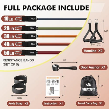 WHATAFIT Resistance Bands, Exercise Bands, Workout Bands with Handles, Door Anchor and Ankle Straps, 5 Resistance Levels Fitness Bands for Strength Training, Physical Therapy, and Home Gym Equipment