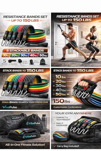 Resistance Bands Set for Physical Therapy Stackable 10-150 lbs Exercise Bands with Handles, Door Anchor, Ankle Straps & Carry Bag - Strength Training, Rehabilitation & Home Gym for Men & Women