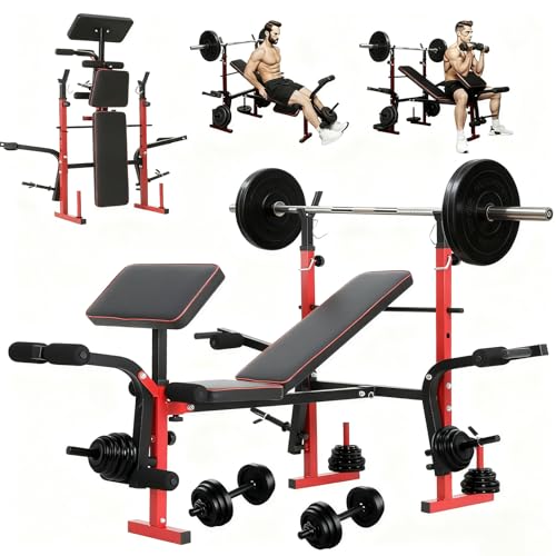 Weight Bench, Adjustable Weight Bench with Bench Press Rack, 550 LB Foldable Weight Lifting Bench with Leg Extension, Preacher Curl Pad & 5-Level Barbell Holder for Home Gym Strength Training