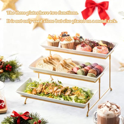 LYEOBOH 3 Tier Serving Stand and Platters Set Tiered Serving Tray for Party - color: Gold, style: 14inch Rectangle platter