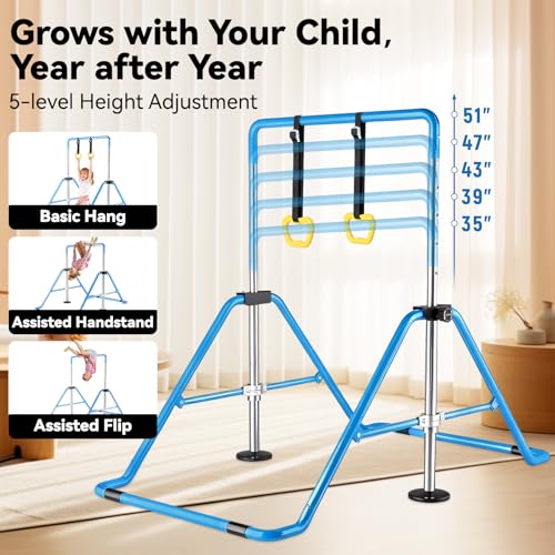 Kids Gymnastics Bar Gymnastic Equipment for Home Adjustable Height Gymnastic Training Bar Gymnastic Stuff for 3-7 Years Old Girls - color: Blue with ring