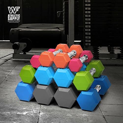 WF Athletic Supply BLACK & COLOR Rubber Encased Hex Dumbbells with Contoured Chrome Handle, Full Body Workout & Strength Training, Weight Size Options - Sold in Pairs