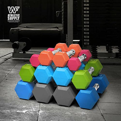 WF Athletic Supply BLACK & COLOR Rubber Encased Hex Dumbbells with Contoured Chrome Handle, Full Body Workout & Strength Training, Weight Size Options - Sold in Pairs