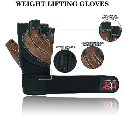 Weight Lifting Leather Padded Gloves for Men and Women Fingerless Body Building Long Wrist Support Training Gym Exercise Powerlifting Gloves Unisex Design