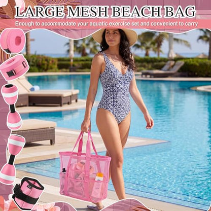 7 Pcs Aquatic Exercise Set Water Aerobics Set Including 2 Ankle/Wrist Weights for Land or Water 2 Exercise Foam Dumbbells Cuffs Large Mesh Beach Bag for Pool Weight Loss