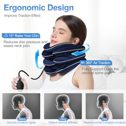 Inflatable & Adjustable Neck Traction Device with Neck Brace,Portable Cervical Traction Device for Instant Neck Pain Relief,Perfect for Home,Office,and Travel(Dark Blue)