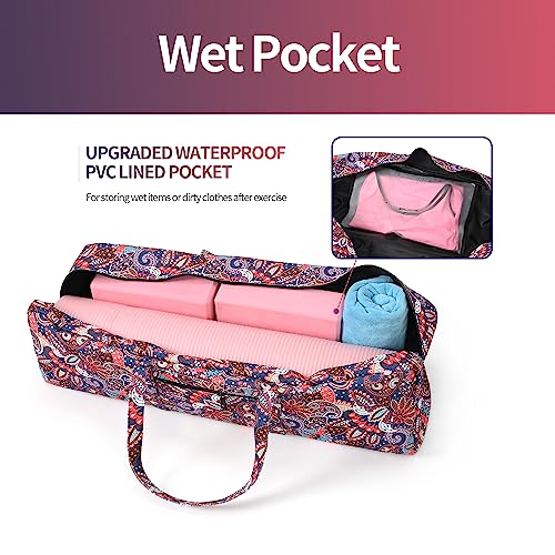 | Yoga Mat Bag | Large Yoga Mat Carrier with Wet Pocket | Yoga Gifts | Gym Tote Bag for Women - color: Navy cashew flower