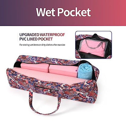 | Yoga Mat Bag | Large Yoga Mat Carrier with Wet Pocket | Yoga Gifts | Gym Tote Bag for Women - color: Navy cashew flower