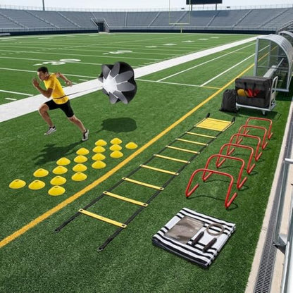 Agility Ladder Training Set - Yellow Speed & Footwork Training Equipment for Sports, Fitness, and Soccer - Includes Parachute, Hurdles, Cones, Jump Rope, and Carry Bag