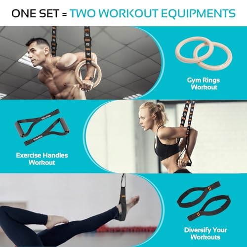 Wooden Gymnastic Rings with Adjustable Numbered Straps. 1.1'' Olympic Rings for Core Workout and Bodyweight Training. Home Gym Rings 1600lbs with Workout Handles