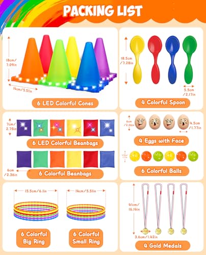 Eocolz 49PCS Carnival Games Outdoor Combo Set for Kids with LED Light, Plastic Cones Obstacle Course Bean Bags Balls Ring Toss Game Egg and Spoon Race Lawn Game, Gift for Birthday Party/Xmas/Easter - color: blue