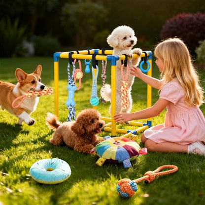 WLLEYAY Puppy Play Gym for Small Dogs 10 Hanging Toys,Interactive Dog Toys | Removable Indoor Jungle Gym,PVC Frame With Adjustable Bungee Straps, Interactive Tug Toys,Dogs Rope Toy To Keep Them Busy - color: Yellow & Blue