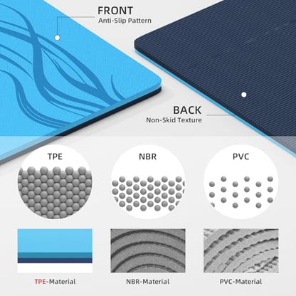 Extra Wide Yoga Mat 76"x40"x10mm TPE Double-Width Exercise Mat for Couples, Tall Yogis & Home Workouts, Non-Slip, Free of PVC & Latex - color: Medium blue + Dark blue