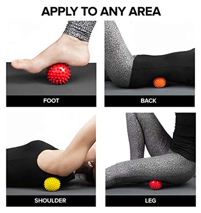 Spiky Massage Balls for Feet, Back, Hands, Muscles - Firm, Medium and Soft Spiked Massager Rollers for Plantar Fasciitis, Exercise, Neuro-Balance, Physical Therapy, 3-inch