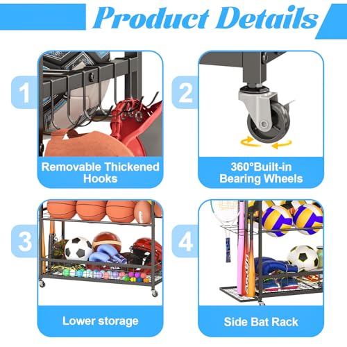 Jsskeeim Garage Sports Equipment Organizer,Sports Ball Organizer with Wheels,Mesh Pocket, Basket,Ball Organizer with Baseball Bat Rack and HooksToy Storage Rolling Cart-Black - style: 02