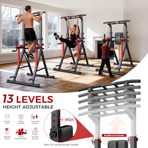 Power Tower Pull Up Bar Free Standing - 13-Level Adjustable Height Dip Station with X-Frame Stability, Multi-Grip Handles, Backrest, Anti-Slip Foot Pads - Home Gym Strength Training Equipment - color: Black Red