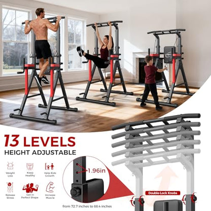 Power Tower Pull Up Bar Free Standing - 13-Level Adjustable Height Dip Station with X-Frame Stability, Multi-Grip Handles, Backrest, Anti-Slip Foot Pads - Home Gym Strength Training Equipment