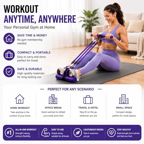 Pedal Resistance Band with Handles, Detachable Resistance Tubes with Foot Pedals & Door Anchor, Multifunction Fitness Workout Equipment for Abs Arms Legs Waist Training