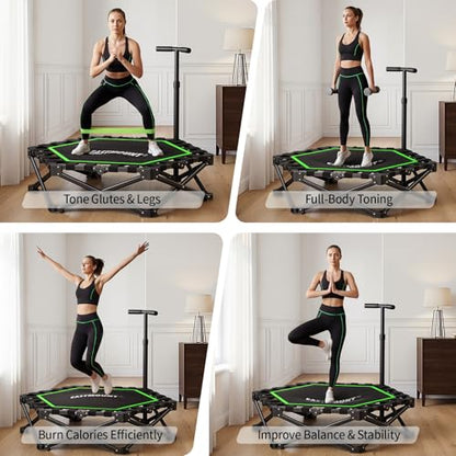 EAST MOUNT 42" Foldable Mini Trampoline for Adults, Quiet Fitness Rebounder with Adjustable Handle, No-Assembly Indoor Exercise Trampoline, 450LBS Capacity - color: Green