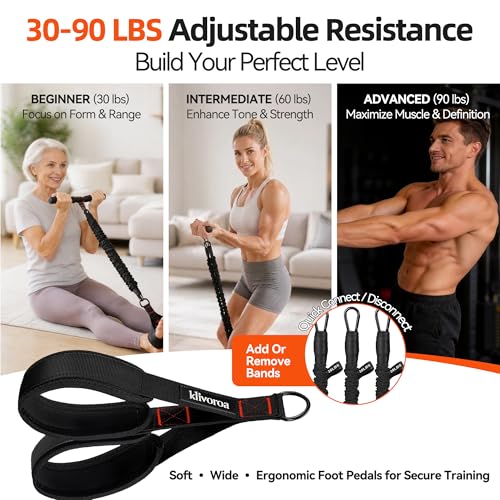 Foot Pedal Resistance Band with Handle, Adjustable 30-90lbs, 3 Tube Sit Up Exercise Equipment for Women, Home Workout for Abs, Core, Legs & Arms