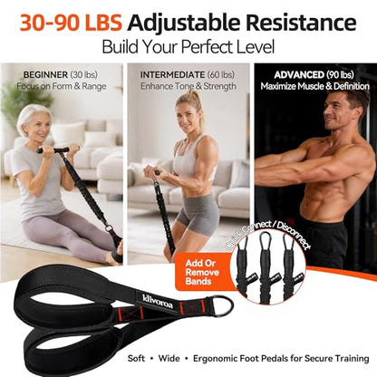Foot Pedal Resistance Band with Handle, Adjustable 30-90lbs, 3 Tube Sit Up Exercise Equipment for Women, Home Workout for Abs, Core, Legs & Arms