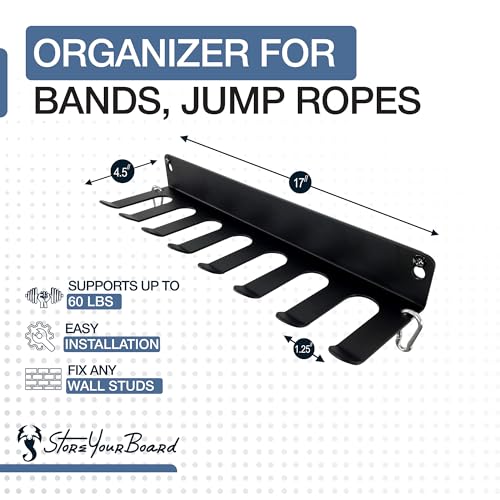 StoreYourBoard Home Gym Equipment Storage Rack, Wall Mount Hanging Organizer, Fitness Accessories Workout Bands Jump Ropes Yoga Foam Roller Belts, Solid Metal Exercise Gear Hooks