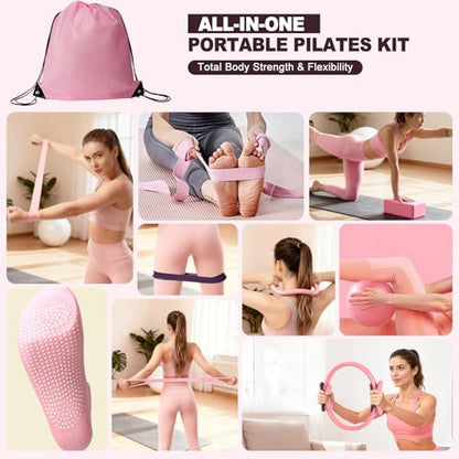 Pilates Kit, Home Pilates Workout Kit for Women, Pilates Equipment with Pilates Ring and Ball, Yoga Block & 5 Resistance Bands, Ankle Weights, Sliders & Grip Socks, Workout Guide Included