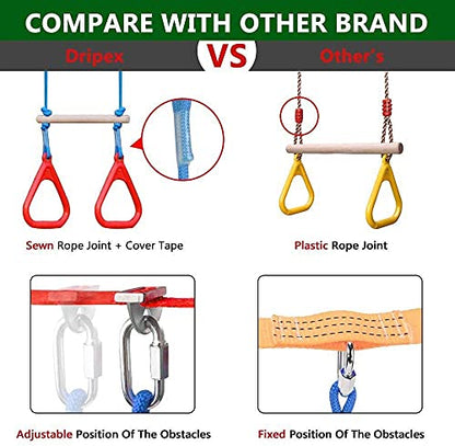 Ninja Warrior Obstacle Course for Kids Backyard - 2×50ft Slackline Kit with 10 Most Complete Accessories for Boys & Girls, Swing, Rope Ladder, Gymnastic Ring, Climbing Net, Arm Trainer and Monkey Fist