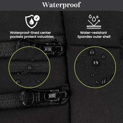 Low-profile Running Belt with Water Bottle Pocket – Adjustable No-Bounce Travel Money Belt and Fanny Pack with 3 Zippered Pockets & Key Clip - Fits Any Size Phone, Passport & More - size: Medium