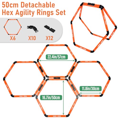 Hexagon Agility Rings, 6 Set Speed Training Ladder with Carry Bag, Footwork Drills Gear for Soccer Football Basketball and Fitness