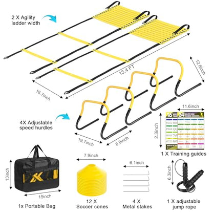 2 Pack Agility Ladder, Soccer Speed Training Equipment Set with Total 26 ft Agility Ladder, 12 Cones, 4 Adjustable Hurdles, Jump Rope, for Soccer, Basketball, Football, Kids, Youth, Adults - color: 1.Yellow