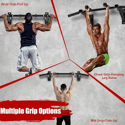 Wall Mount Pull Up Bar, Heavy Duty Steel PullUp Bar Fits Wood Studs, Multi Grip Pull Up Bar with Ball Finger & Round Rings, for Home Gym Garage Basement Strength Training Chin Up Bar