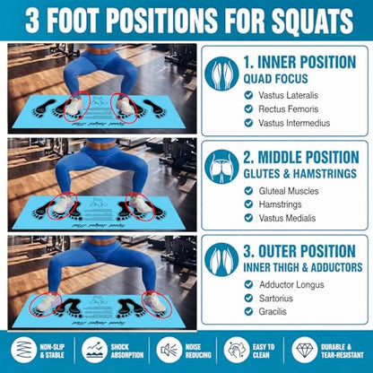 Squat Mat with Foot Position Guide, Anti-Slip Squat Target Mat for Home Gym, Leg, Glute and Ab Workouts, Lightweight Rollable Exercise Mat, 31.5" x 13.78" - color: Blue