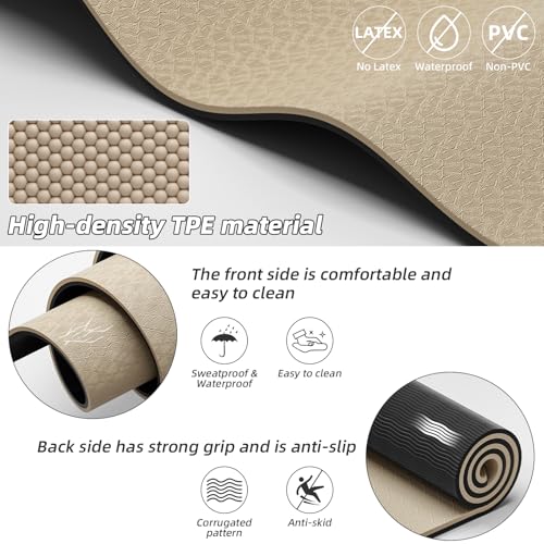 Large Exercise Mat | 10mm Thick TPE Non-slip Gym Mats, Carrying Strap - color: beige/black
