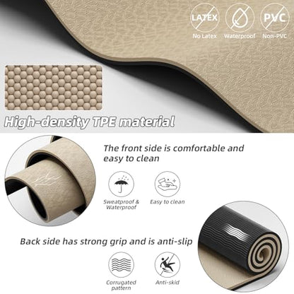 Large Exercise Mat | 10mm Thick TPE Non-slip Gym Mats, Carrying Strap - color: beige/black