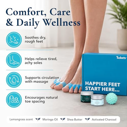 Tucketts Foot Spa Kit for Women - More than a Pedicure Kit with Foot Massage Ball, Toe Separators for Bunions, Charcoal Foot Scrub, Shea Butter Moisturizer for Dry Feet, Self Care Gifts for Women