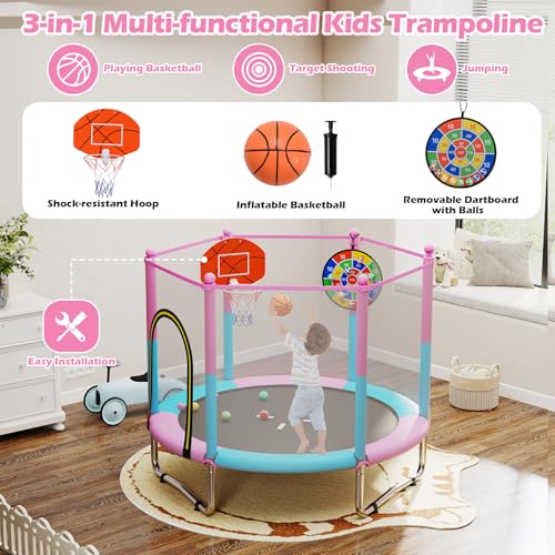 GYMAX Trampoline for Kids, 60” Toddler Rebounder with Basketball Hoop & Dart Board, All-Round Enclosure Net,Mini Indoor Kids Trampoline for Boys & Girls