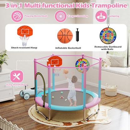 GYMAX Trampoline for Kids, 60” Toddler Rebounder with Basketball Hoop & Dart Board, All-Round Enclosure Net,Mini Indoor Kids Trampoline for Boys & Girls